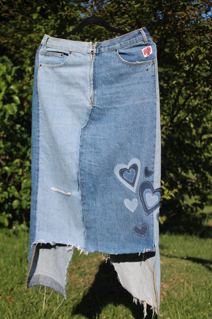 001 REWORKED DENIM HEARTS MIDI SKIRT - W34
