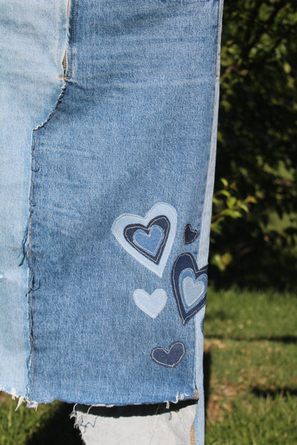 001 REWORKED DENIM HEARTS MIDI SKIRT - W34